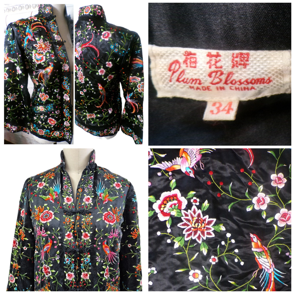 VTG Asian Plum Blossom Hand Embroidered Black Silk Jacket S 34 Birds Floral New